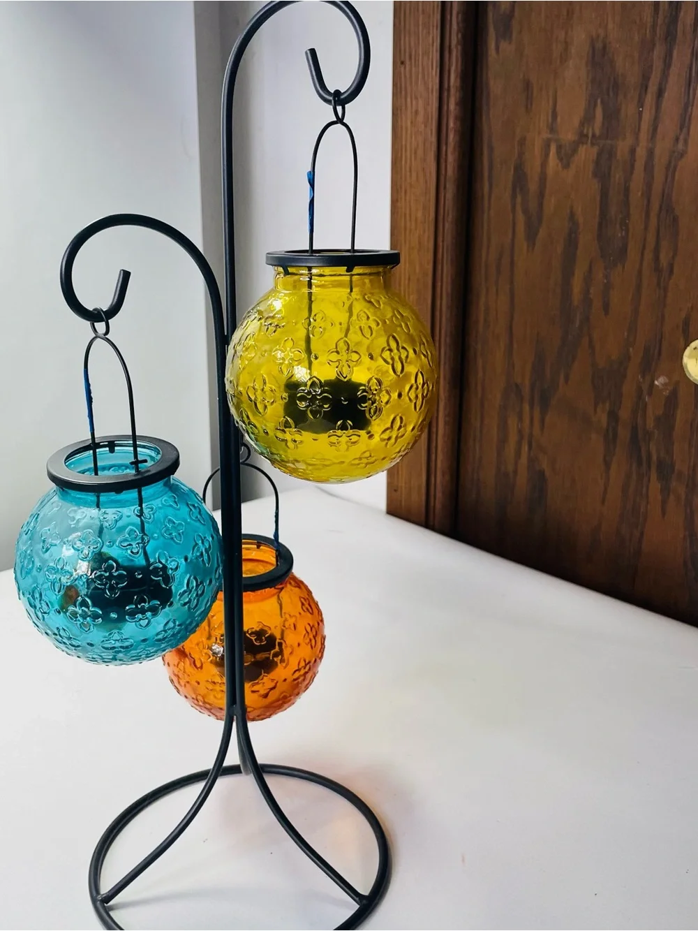 Pier 1 Tiered Hanging Tea Glass Hanging Lantern Wrought Iron Stand 17.75”